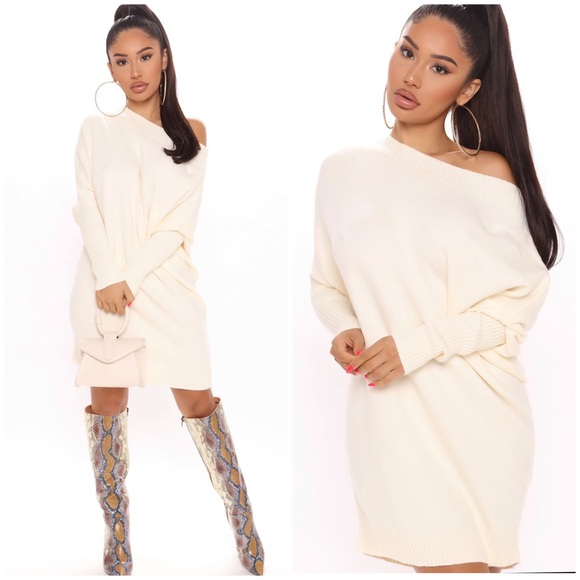 Fashion Nova Dresses & Skirts - NWOT Fashion Nova Warm Touch Cream Batwing Oversize Sweater Dress Sz XS